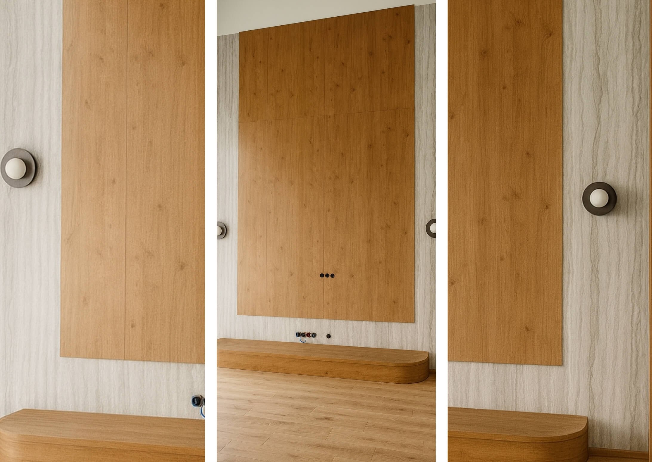 Montaż spieków Dekton Trevi na ścianie RTV – eleganckie, jasne wykończenie w salonie.”(