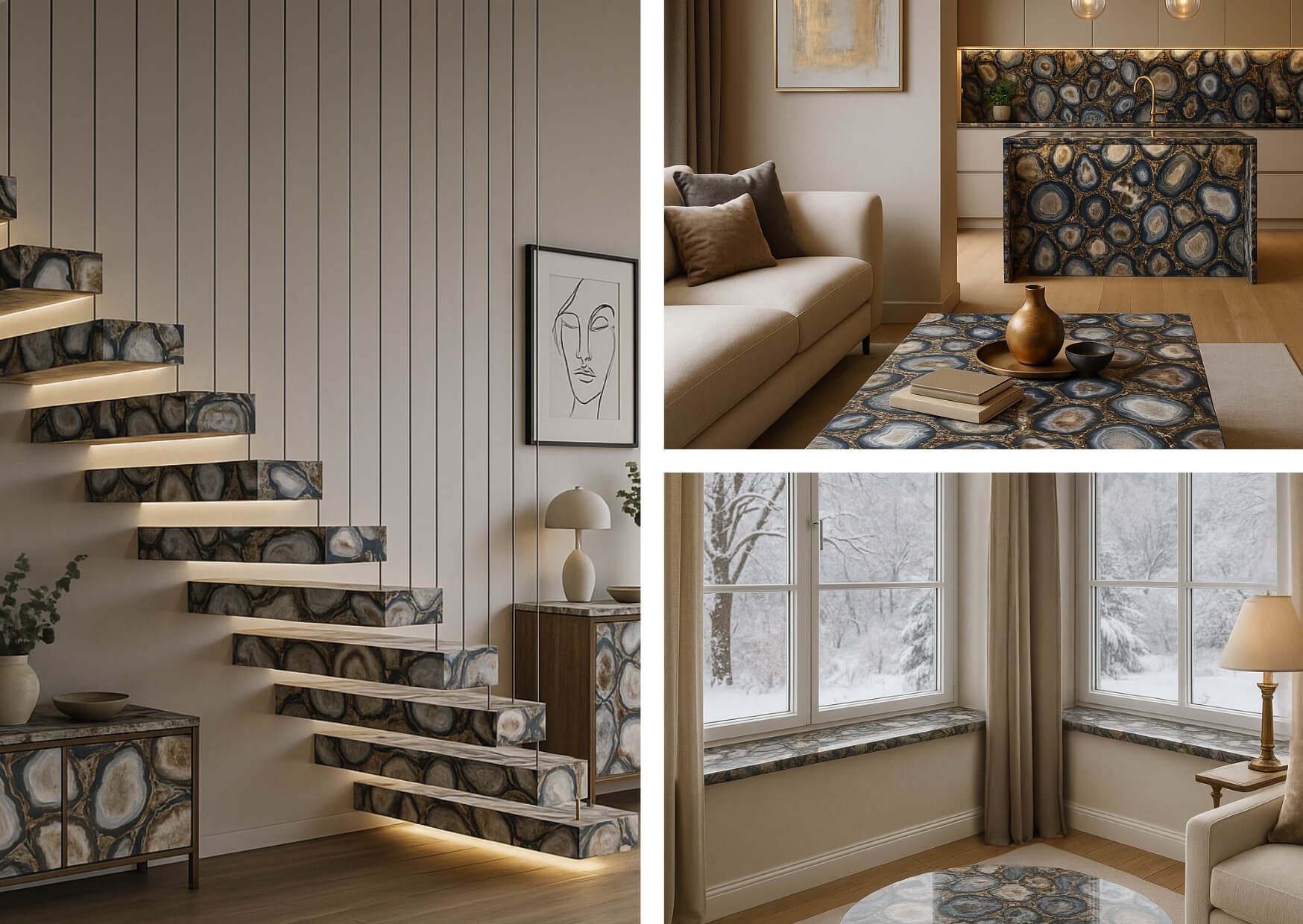 Wnętrza ze spiekiem Infinity OC09 Cammeo: schody, stolik kawowy, kuchnia i parapety w jednolitym stylu premium..