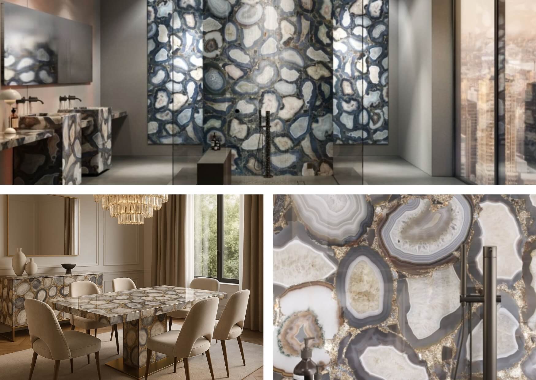 Łazienka i jadalnia wykończone spiekiem Infinity OC09 Cammeo, z detalami agatu i luksusowym charakterem wnętrz..