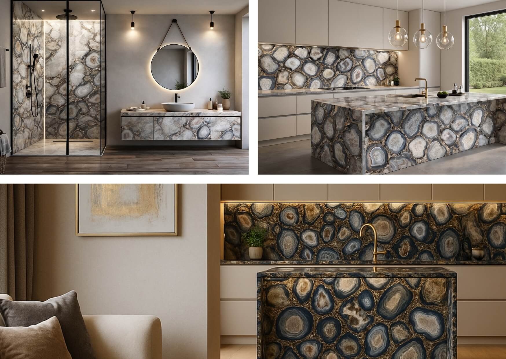 Łazienka, kuchnia i salon wykończone spiekiem Infinity OC09 Cammeo, ukazujące jego agatowy wzór w aranżacjach premium.