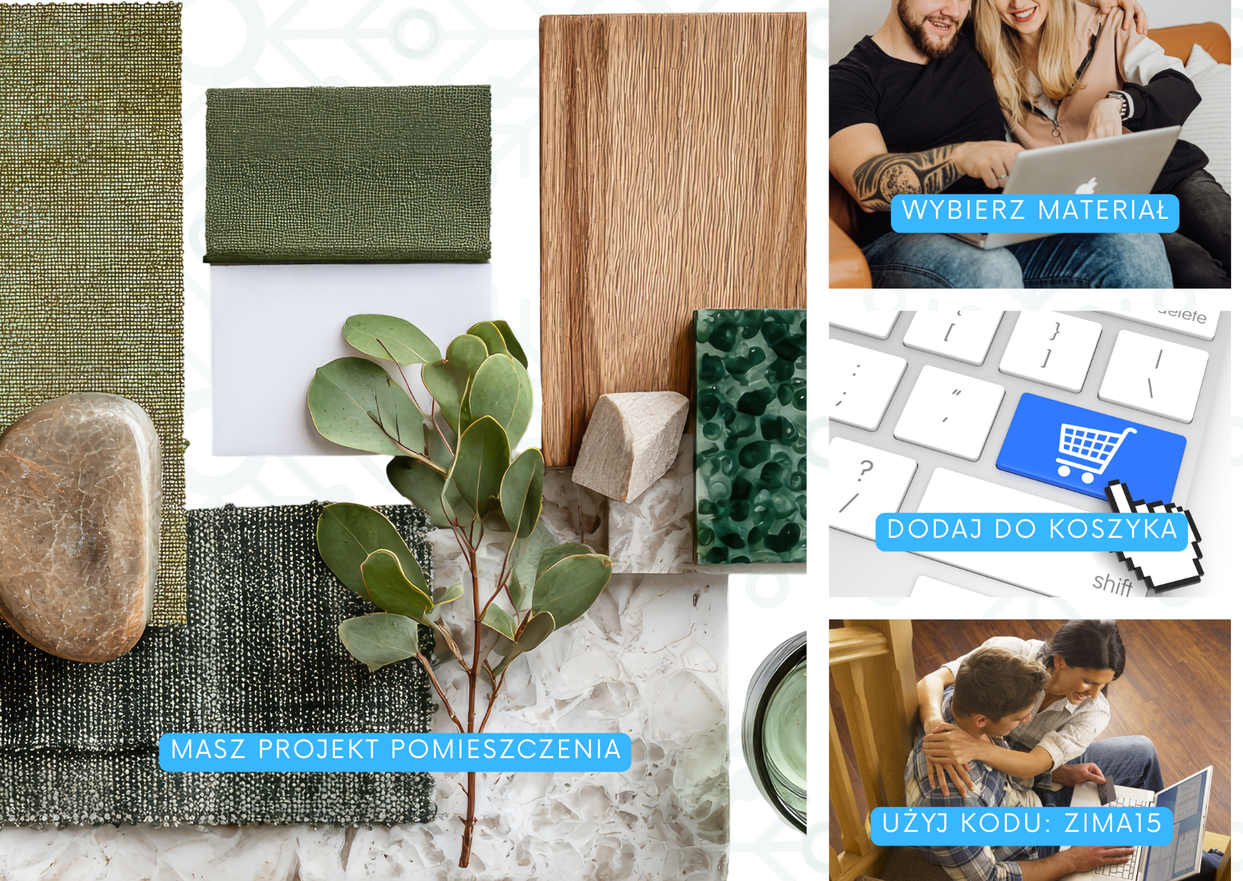 Moodboard aranżacyjny i instrukcja zakupu spieków i konglomeratów z rabatem ZIMA15