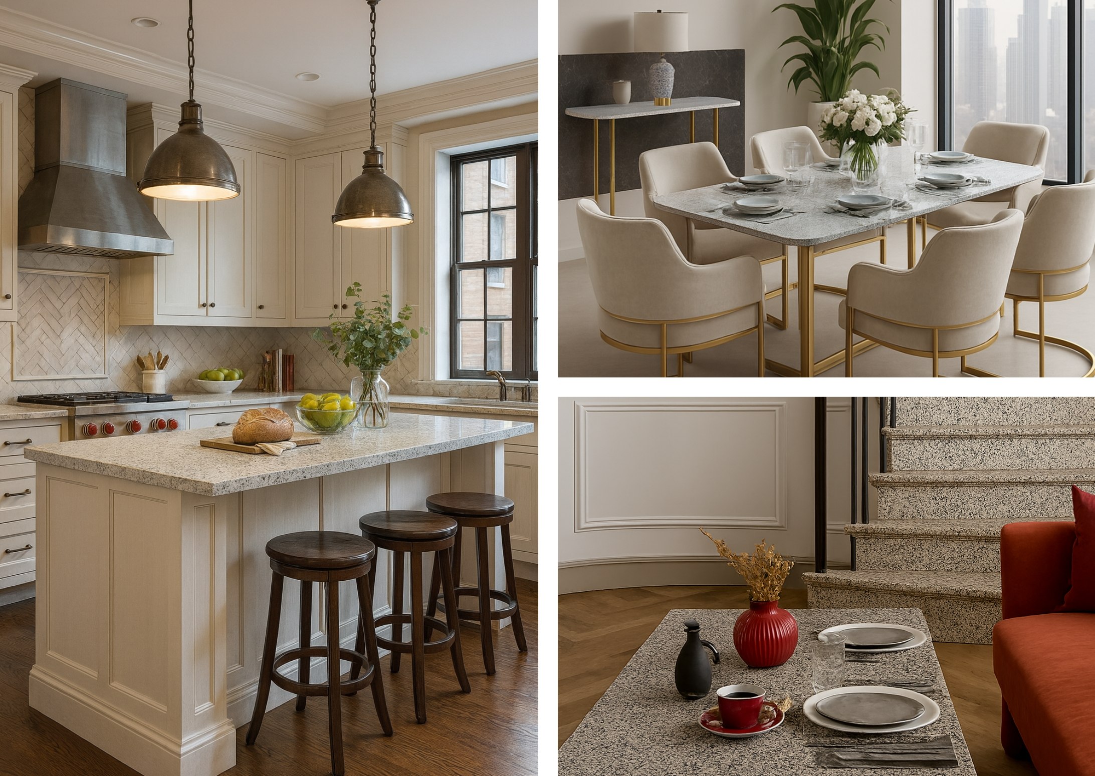 Kolaż aranżacji z Santamargherita New York: kuchnia, jadalnia i stolik w elegancznych, jasnych wnętrzach.