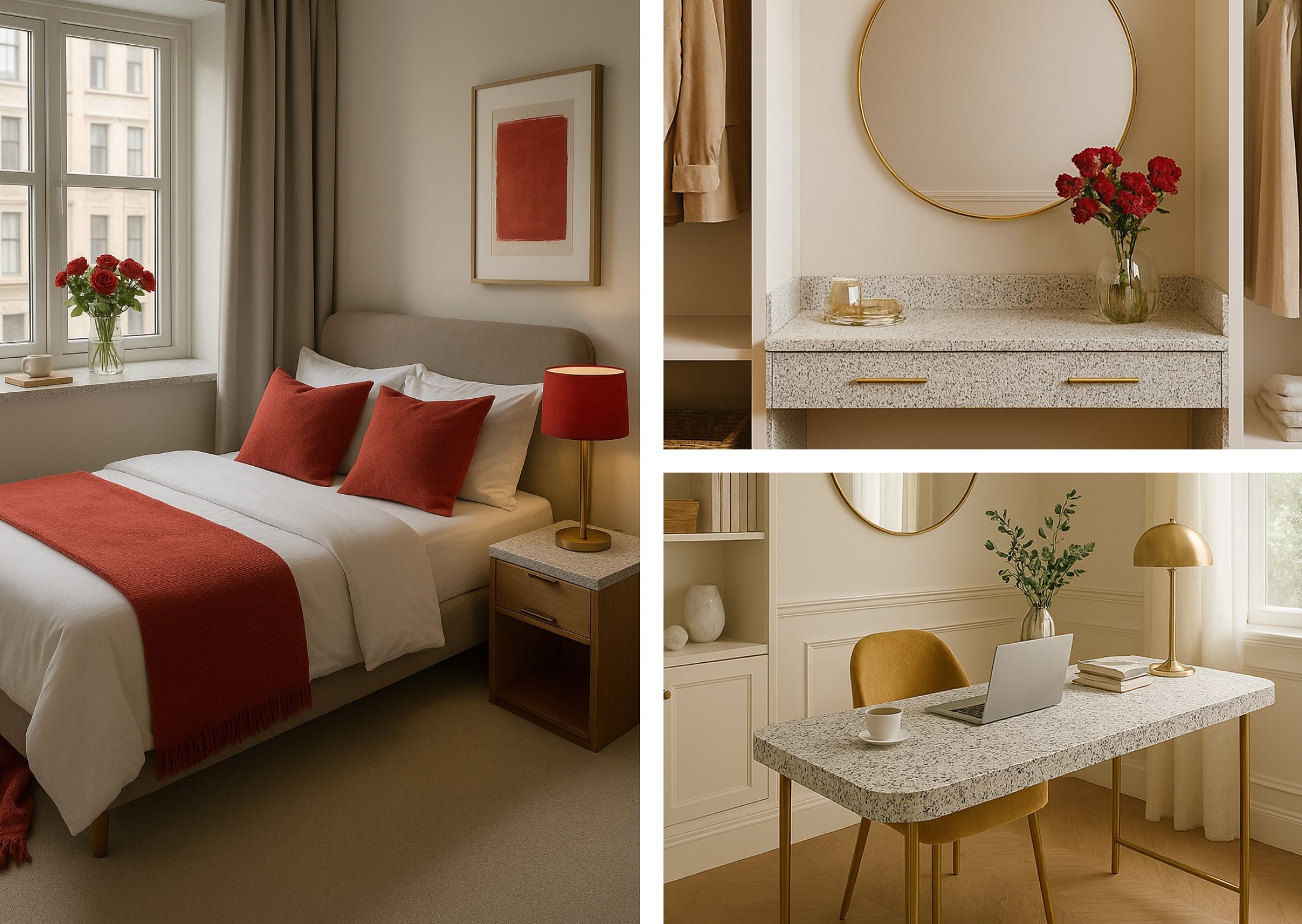Kolaż wnętrz z konglomeratem Santamargherita New York: sypialnia, toaletka i biurko w jasnym stylu.