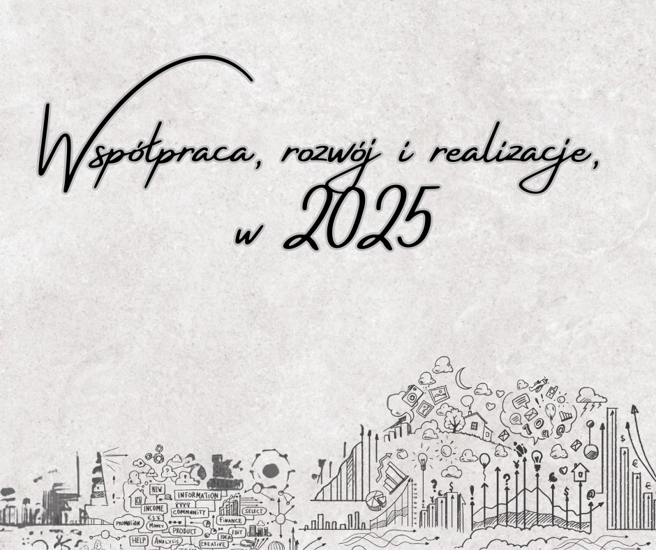 Grafika Wsp&oacute;łpraca, rozw&oacute;j i realizacje w 2025 z ilustracją wykres&oacute;w i symboli pracy..