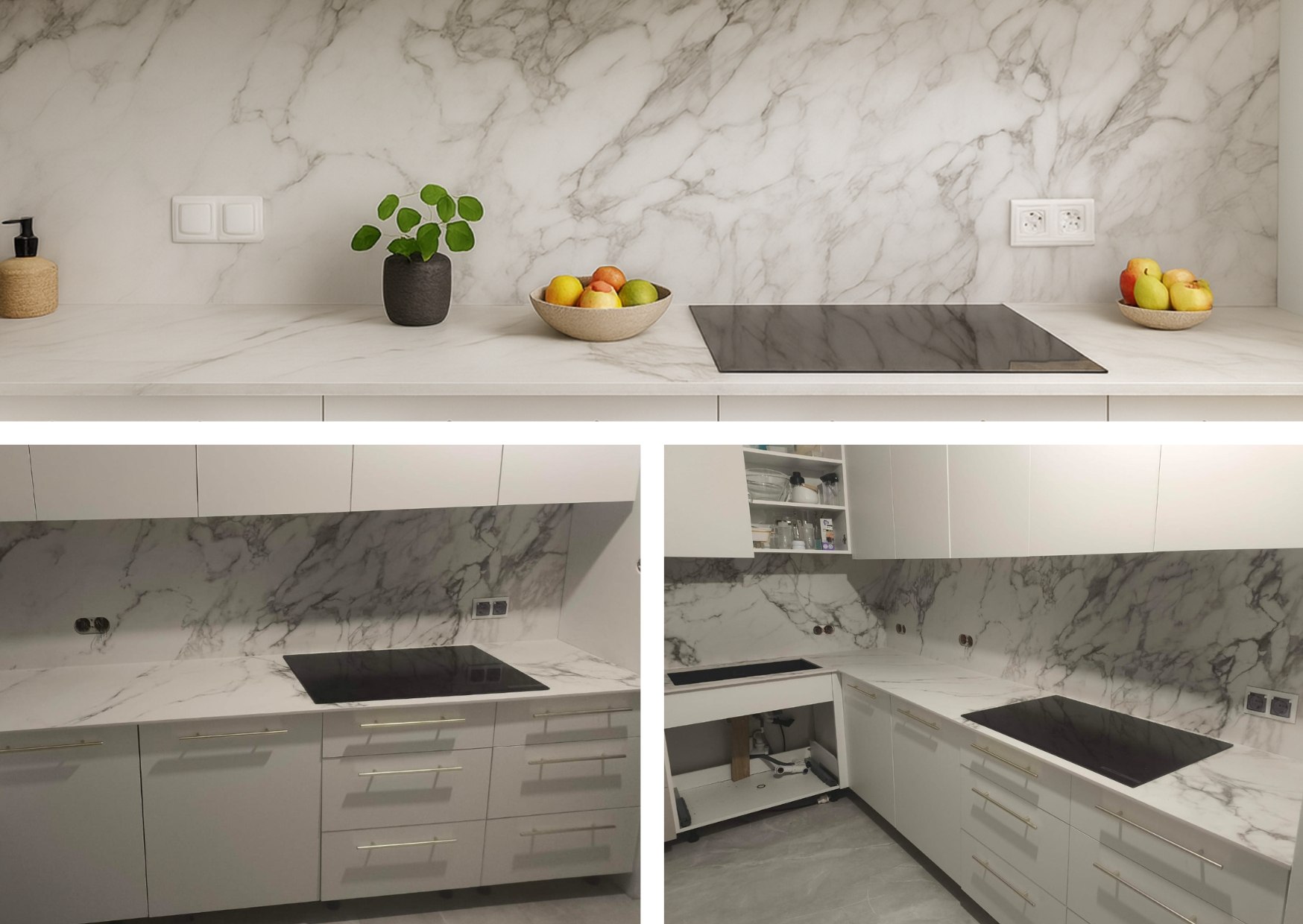 Blat i ściana kuchni wykonane ze spieku Arabescato Keralini w jasnej zabudowie.