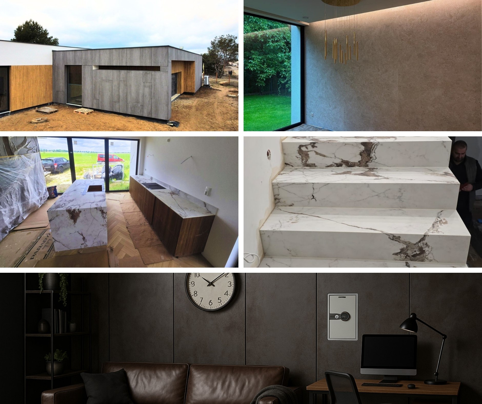 Kolaż realizacji FALCO: elewacja spiek&oacute;w, ściana wewnętrzna, kuchnia, schody i aranżacja gabinetu.