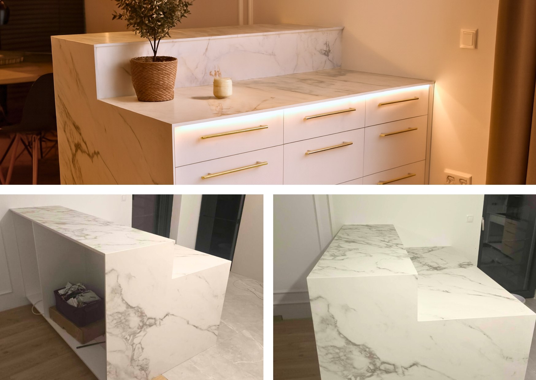 Wyspa kuchenna w całości wykończona spiekiem Arabescato Keralini z zachowaniem ciągłości wzoru.