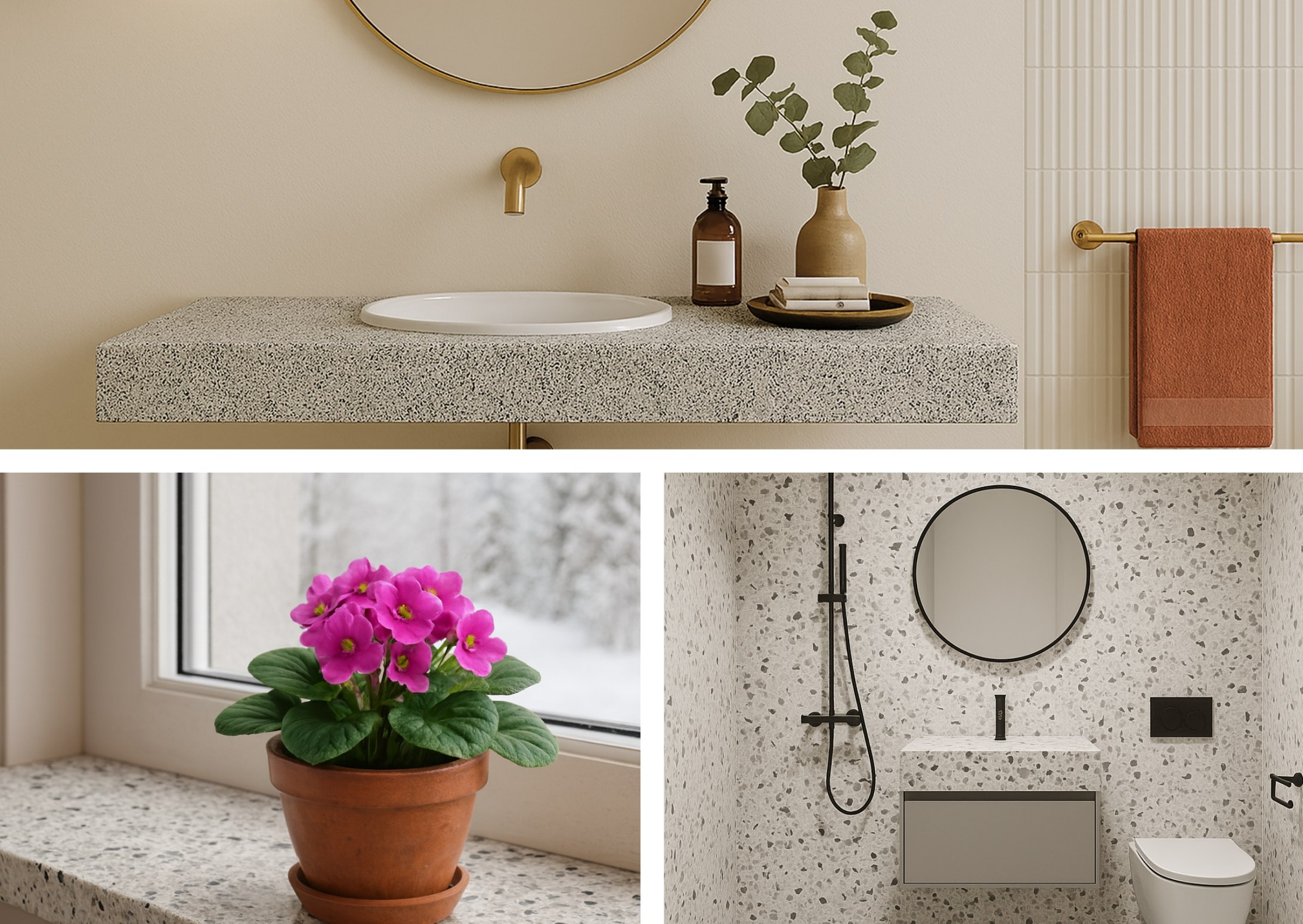 Kolaż łazienki, parapetu i kabiny prysznicowej wykończonych konglomeratem Santamargherita New York.. 