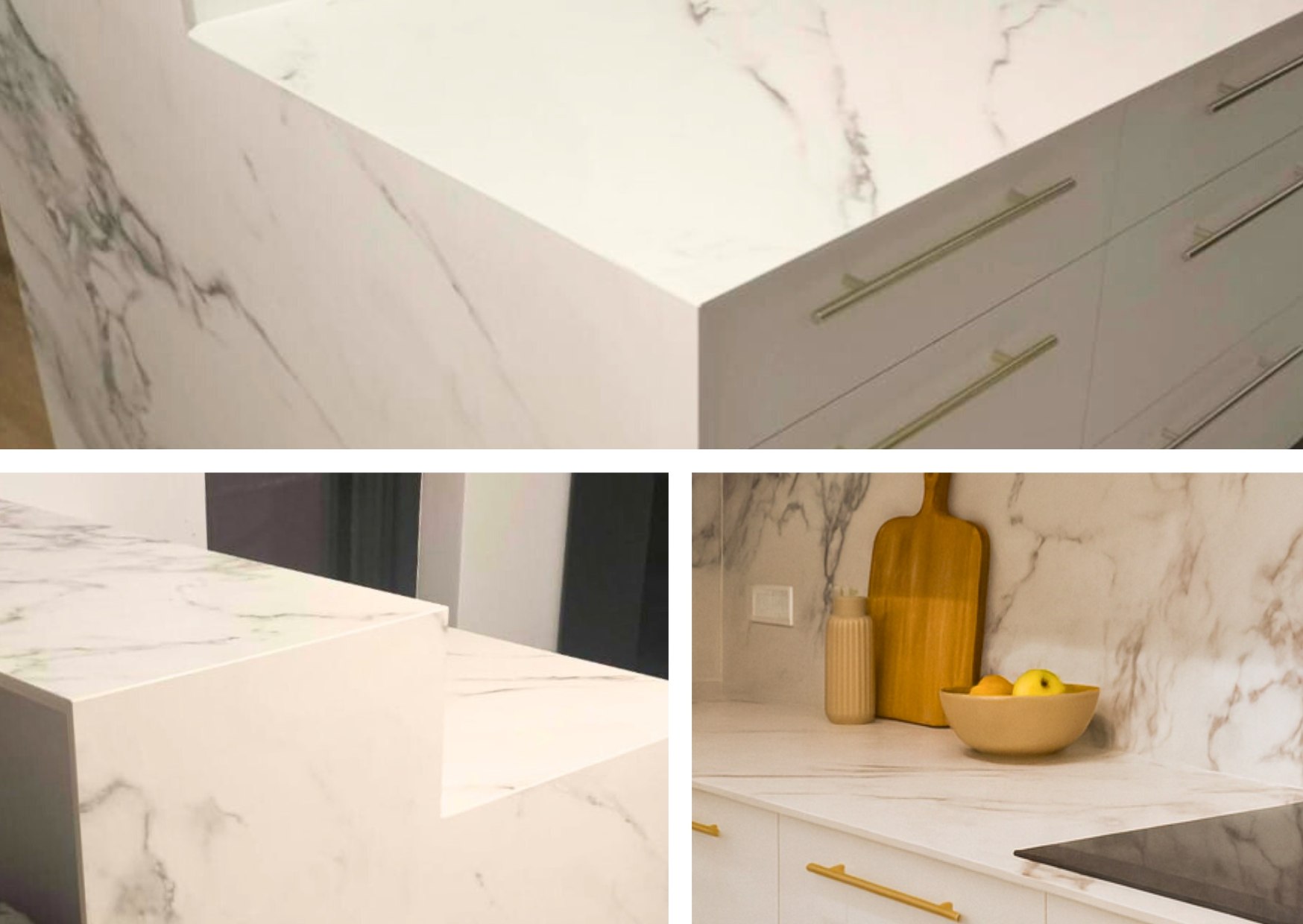 Detale wyspy i blatu kuchennego w spieku Arabescato Keralini – zbliżenia narożników, krawędzi i powierzchni roboczej..