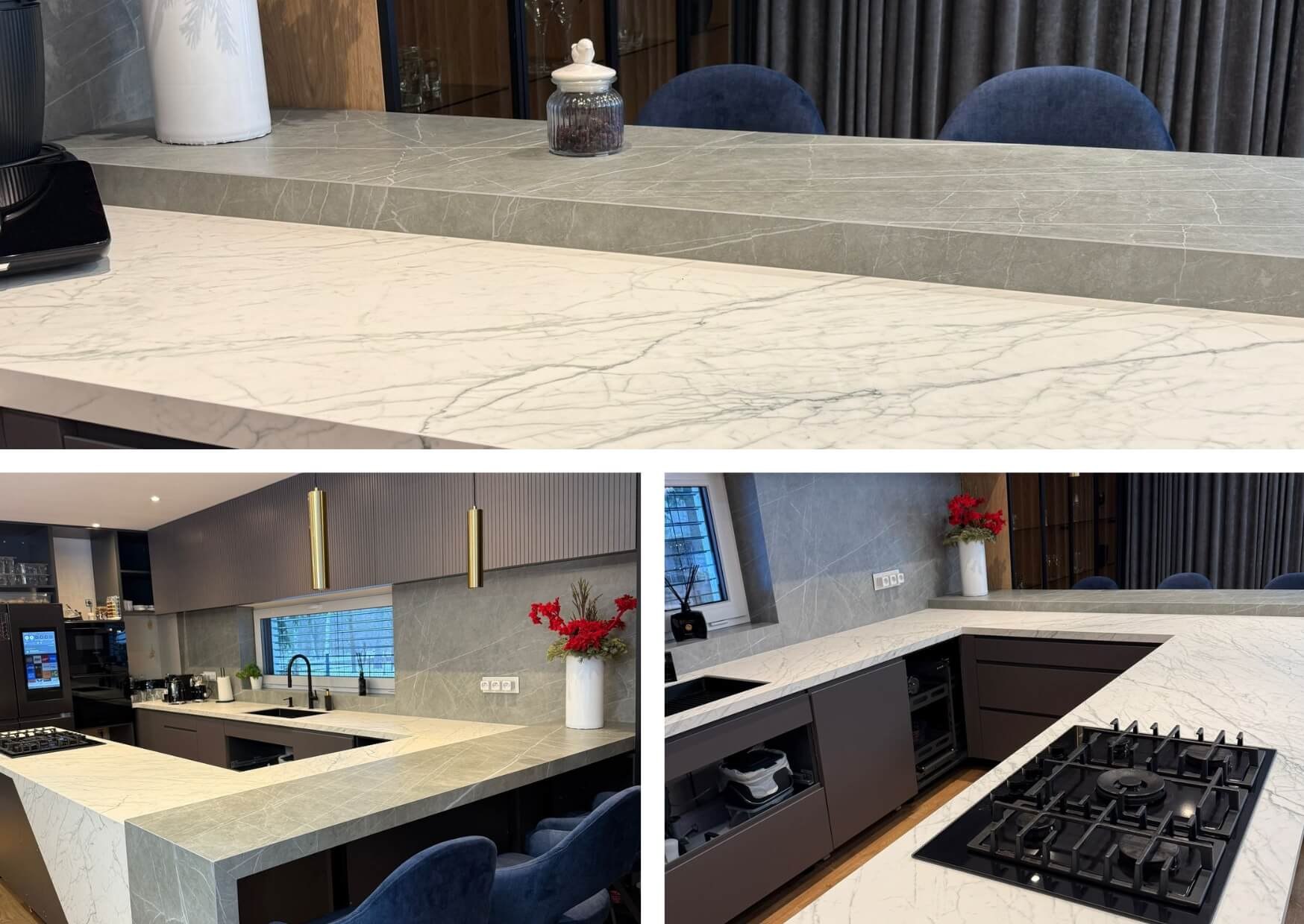 Zestawienie spiek&oacute;w kwarcowych Neolith Zaha i Laminam Statuarietto w kuchni premium