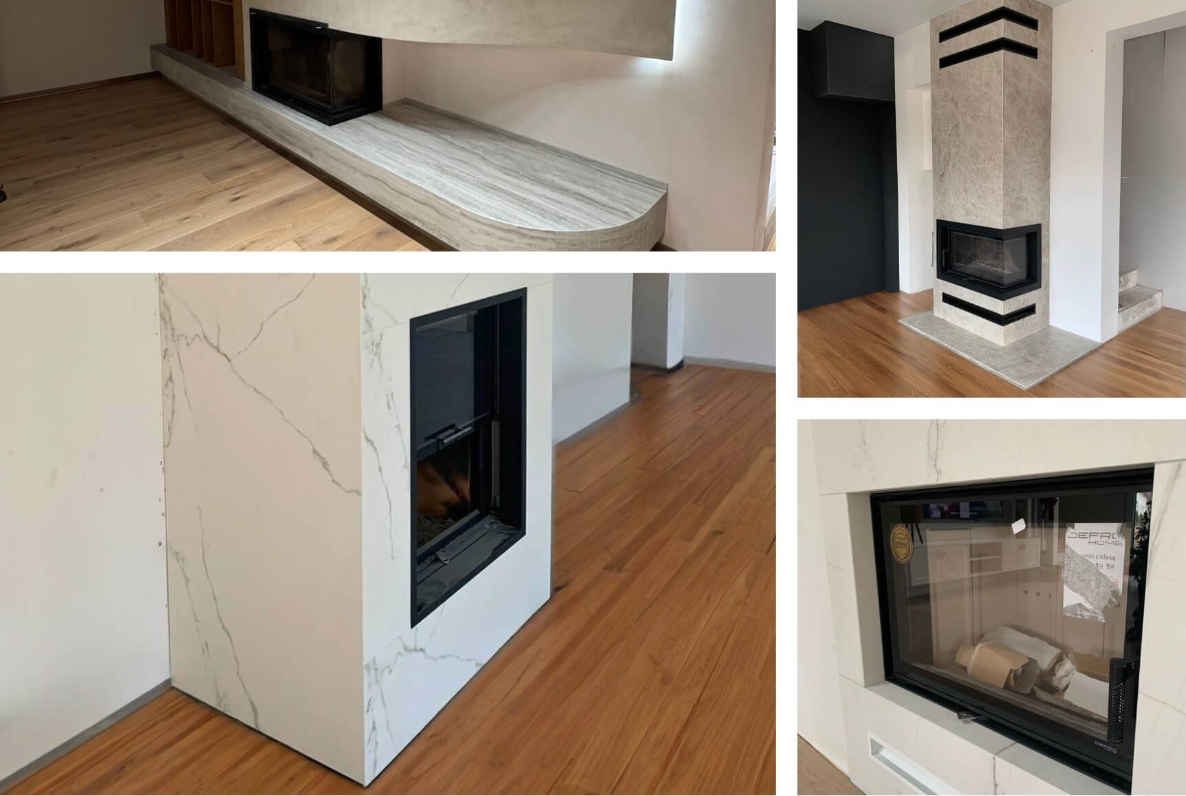 Kominki ze spiek&oacute;w kwarcowych w nowoczesnych wnętrzach, narożne i ścienne zabudowy o minimalistycznym designie