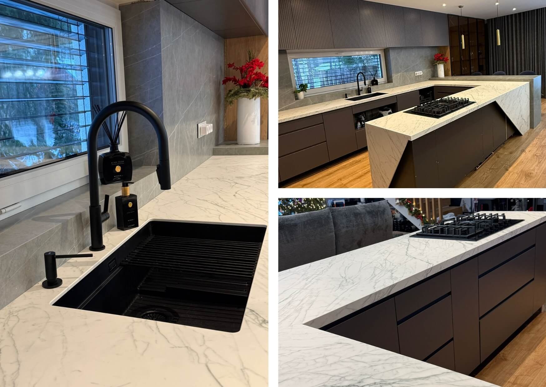 Blat kuchenny ze spieku Laminam Statuarietto z wyraźnym żyłkowaniem i nowoczesną zabudową