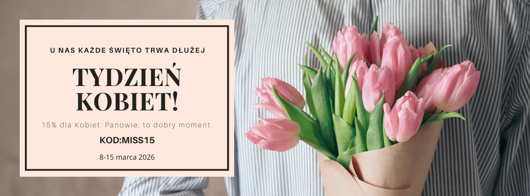 Grafika promocyjna FALCO z tulipanami i informacją o Tygodniu Kobiet oraz rabacie 15% na wybrane produkty