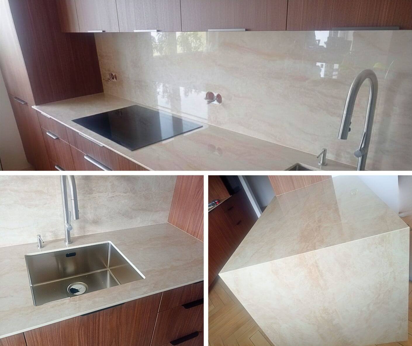 Wyspa kuchenna z blatem Dekton Arga i efektownym wykończeniem waterfall