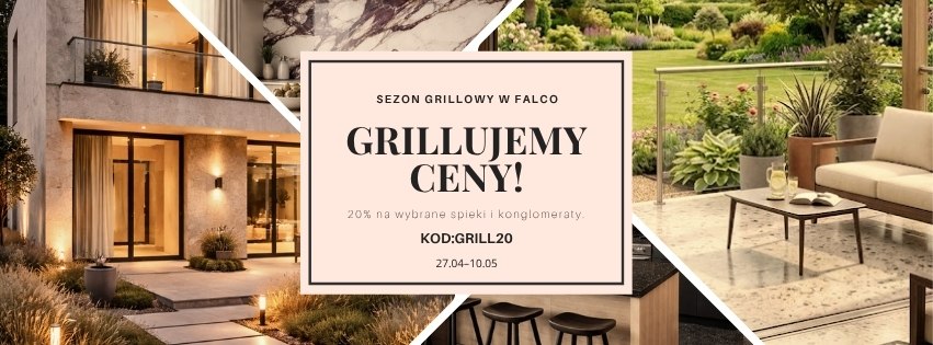 Kolaż FALCO Grillujemy ceny z domem, kuchnią, tarasem i kodem GRILL20