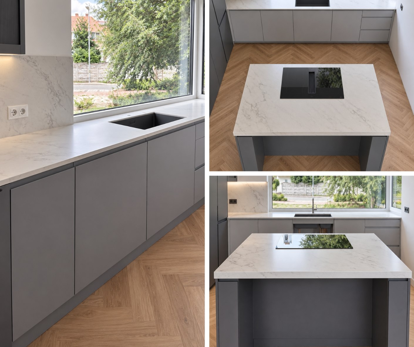 Dekton Marina na blacie przy oknie i wyspie kuchennej w szarej zabudowie – realizacja FALCO Gdańsk