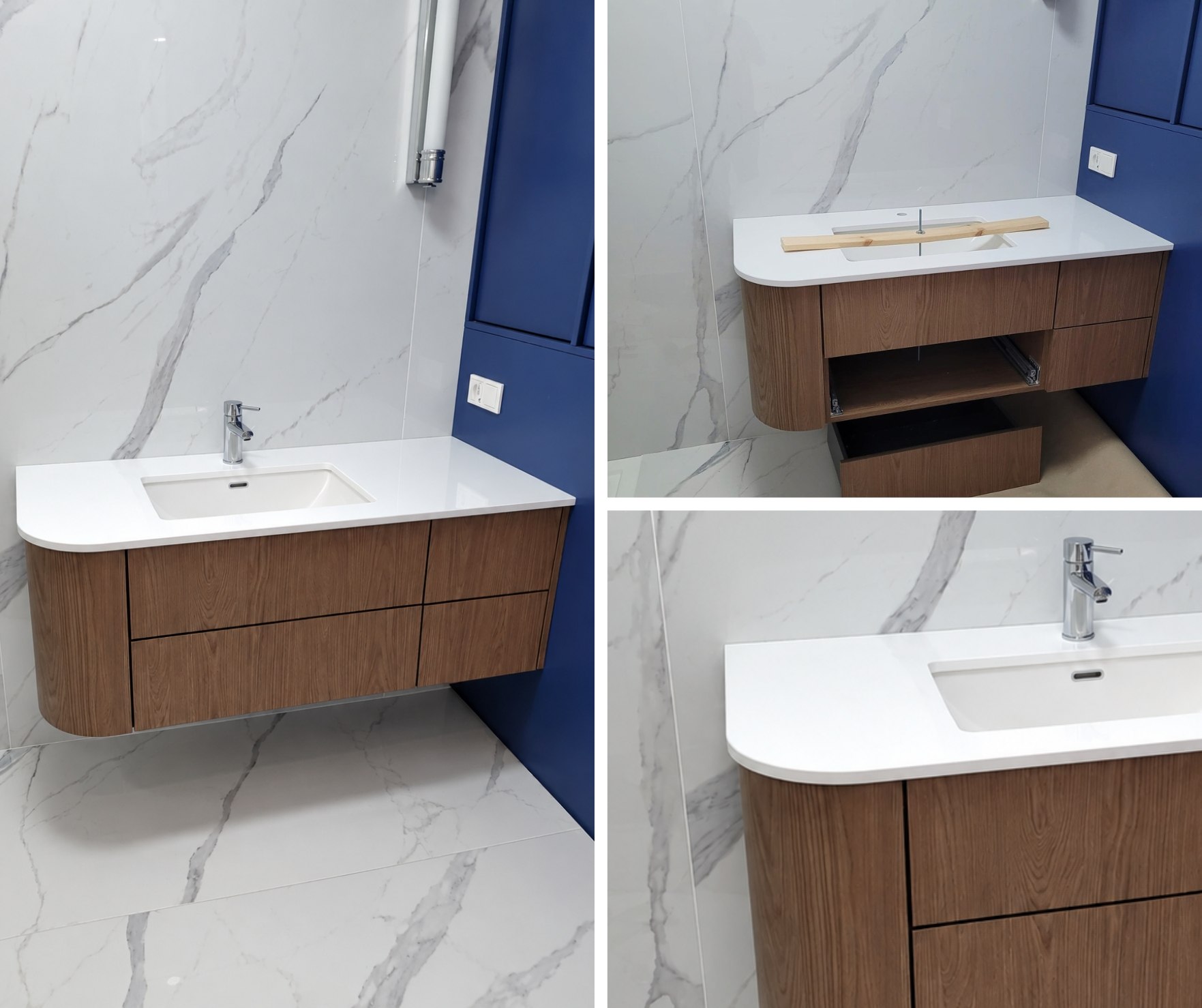 Blat Technistone Crystal White 20 mm w jasnej łazience z drewnianą szafką i zaokrąglonym narożnikiem