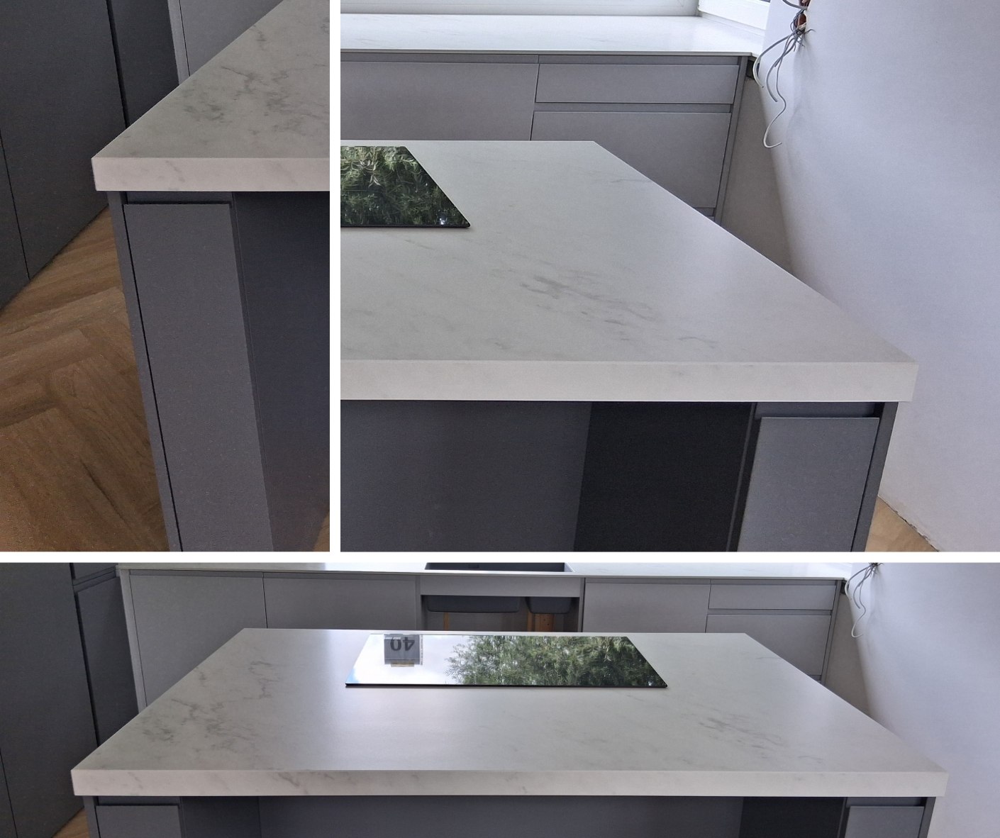 Zbliżenie wyspy kuchennej z blatem Dekton Marina 12 mm i czarną płytą indukcyjną w kuchni w Gdańsku