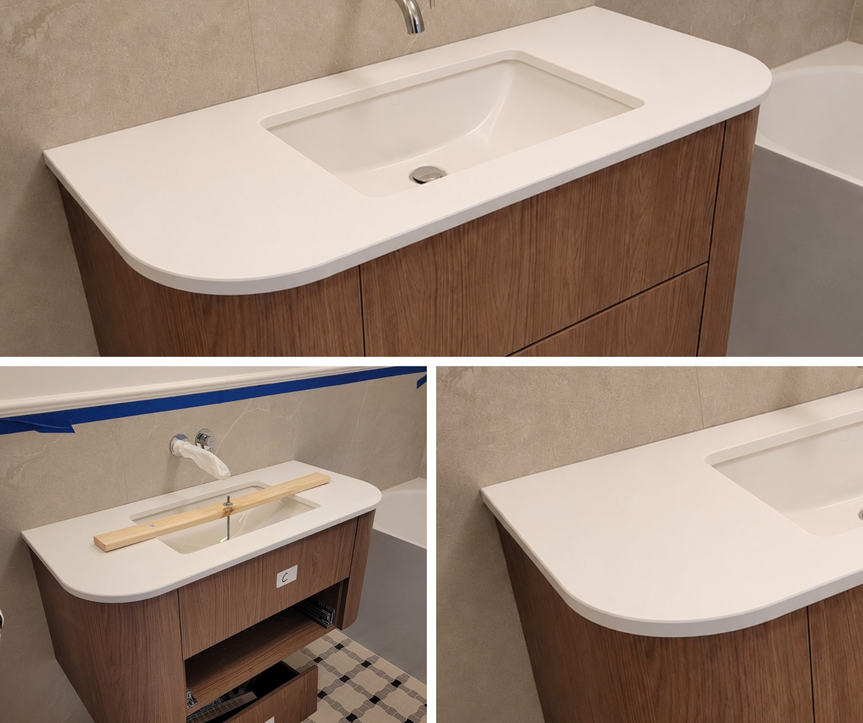 Detal blatu Technistone Crystal White 20 mm poler z umywalką i zaokrąglonym wykończeniem