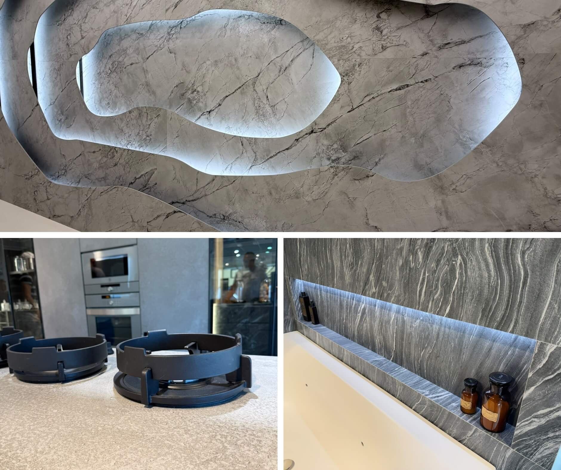Showroom Neolith: wielkoformatowe powierzchnie, kuchnia i łazienka pokazujące r&oacute;żne zastosowania spiek&oacute;w