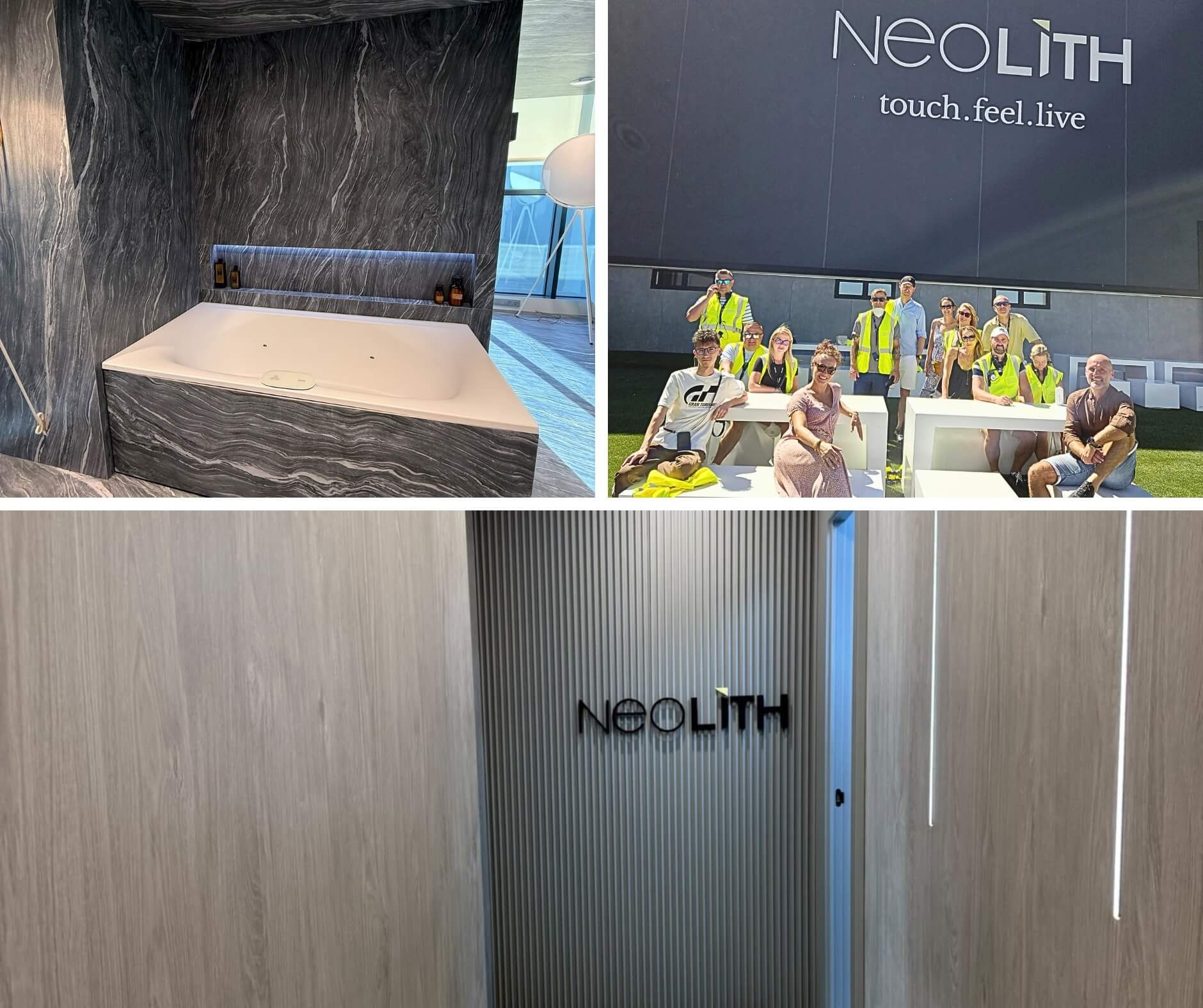 Detale aranżacji Neolith, grupa uczestnik&oacute;w wizyty oraz oznaczenie marki we wnętrzu showroomu