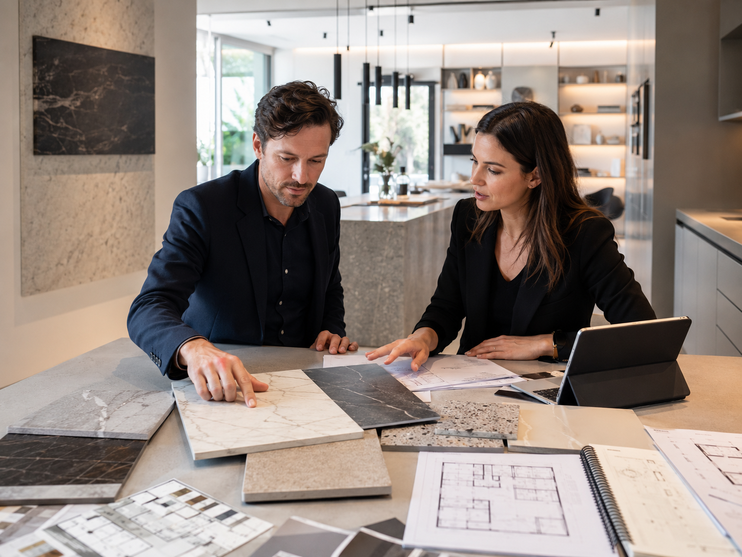 Architekt omawiający próbki spieków i dokumentację projektu wnętrza