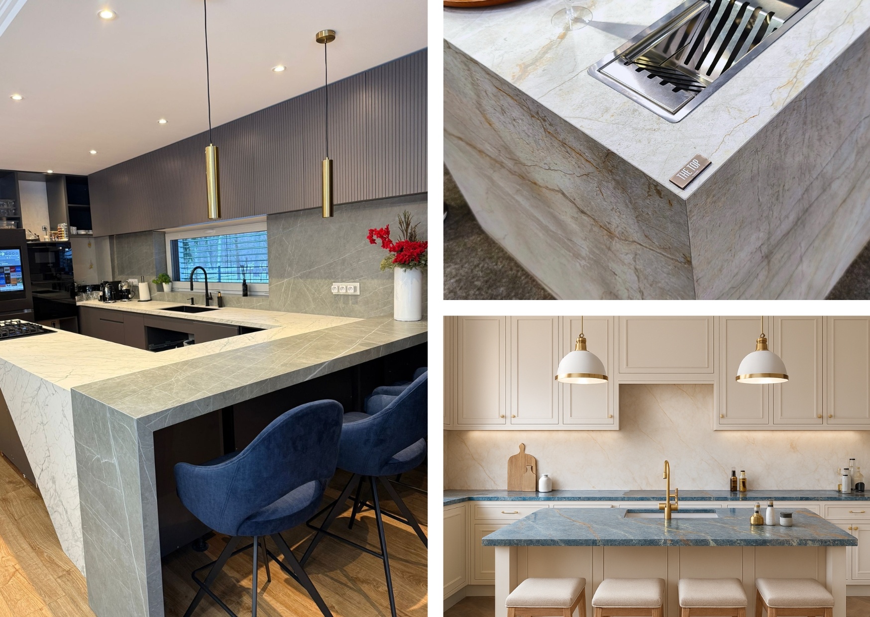 kolaż zdjęć kuchennych z blatami z konglomerat&oacute;w